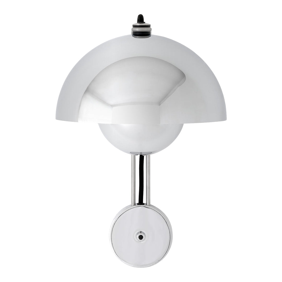 "Modern wall lamp in glossy white with a sleek chrome base, featuring a minimalist dome design."