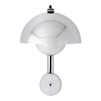 "Modern wall lamp in glossy white with a sleek chrome base, featuring a minimalist dome design."