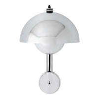 "Modern wall lamp in glossy white with a sleek chrome base, featuring a minimalist dome design."