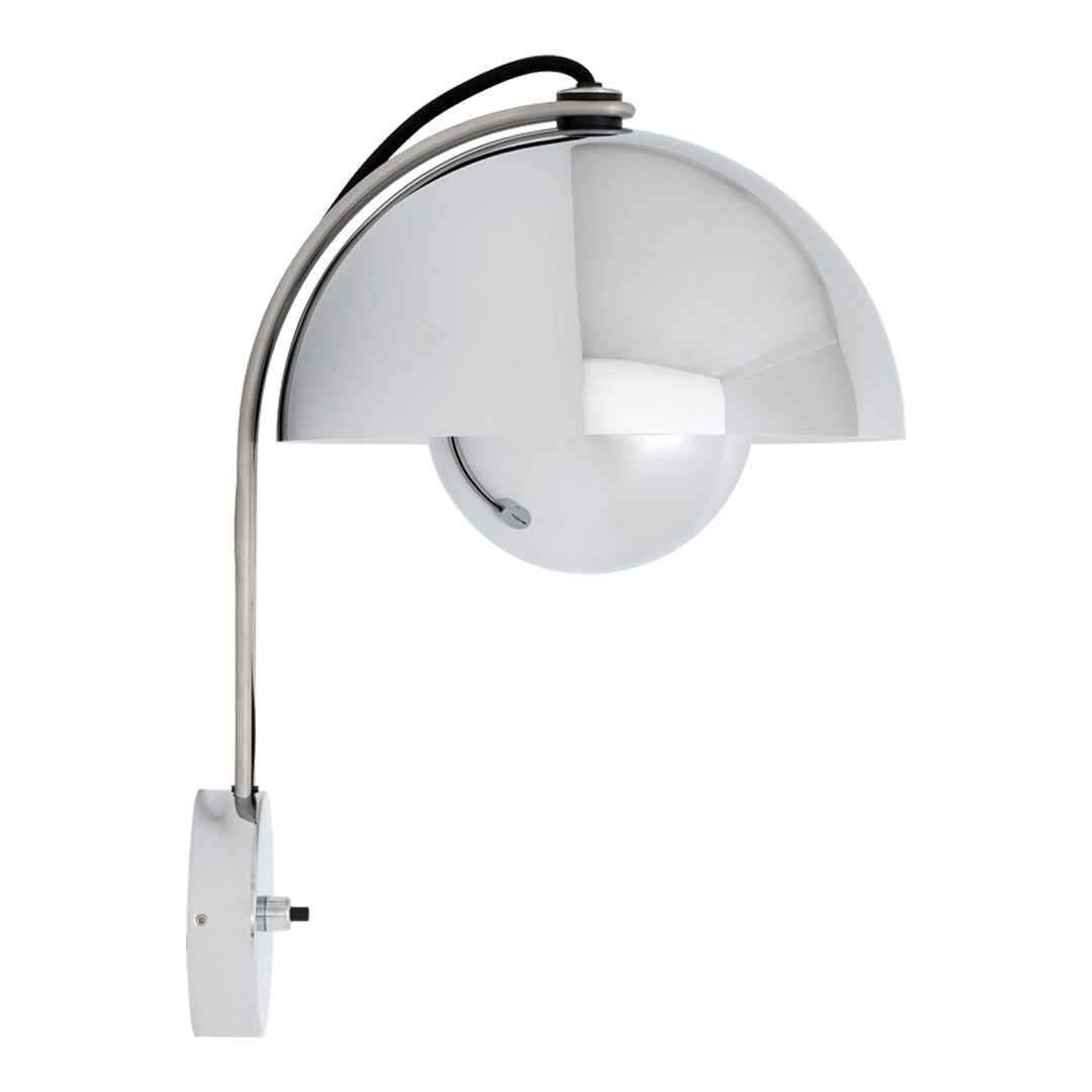 Sleek chrome wall lamp with a polished dome shade and minimalist design. Ideal for modern decor.
