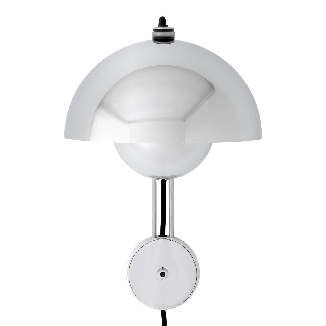 Sleek silver wall lamp with a glossy white dome shade and minimalistic chrome accents.