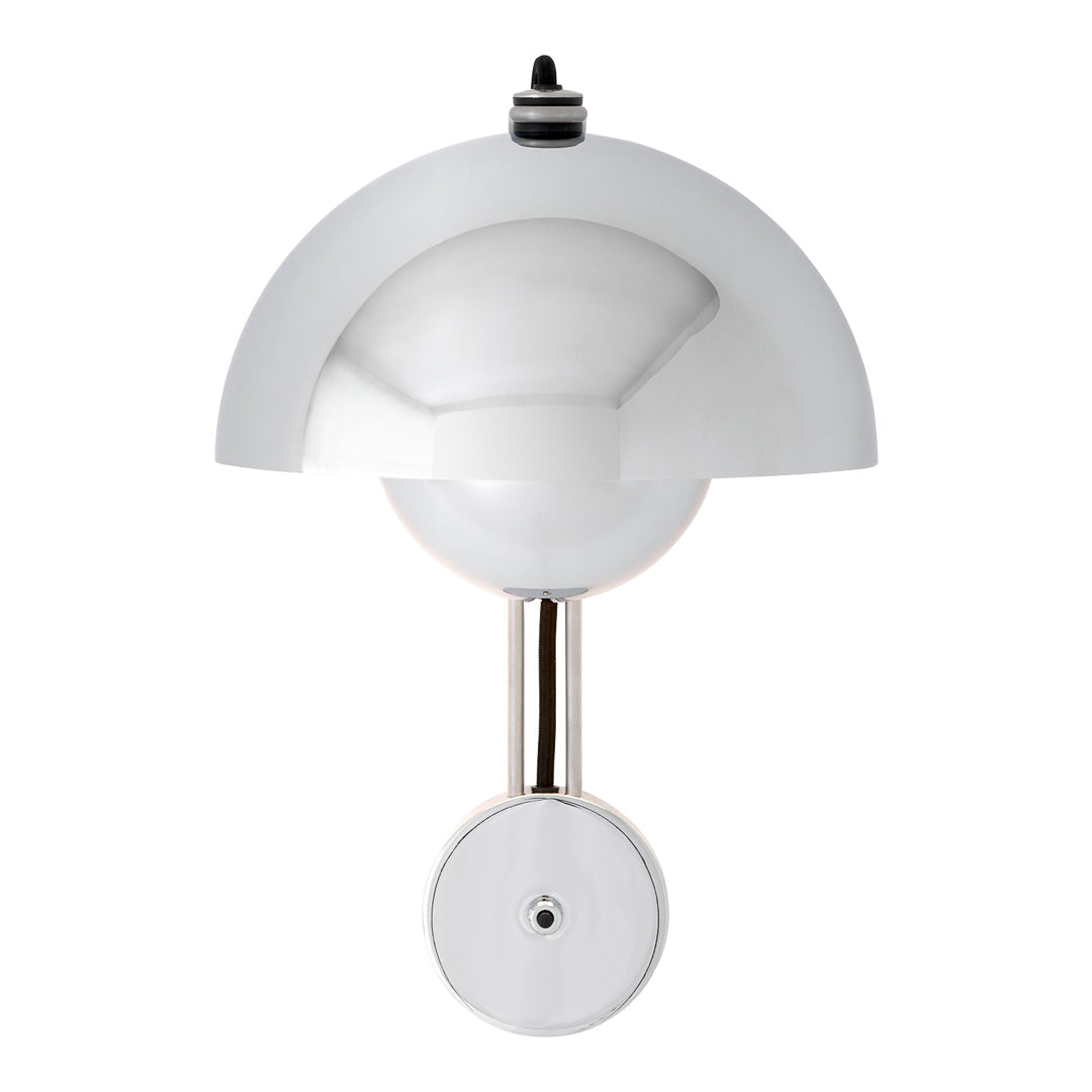 Sleek silver and white wall lamp with a modern dome shade and polished metal accents, ideal for contemporary decor.