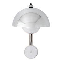 Sleek silver and white wall lamp with a modern dome shade and polished metal accents, ideal for contemporary decor.