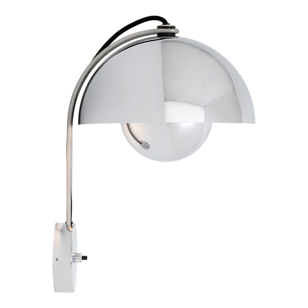 "Chrome arc lamp with a sleek metallic finish and round glass shade, perfect for modern decor."