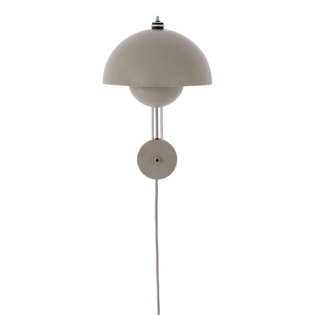 Modern wall lamp in soft gray with a curved shade and simple round base, featuring a clean design and smooth lines.