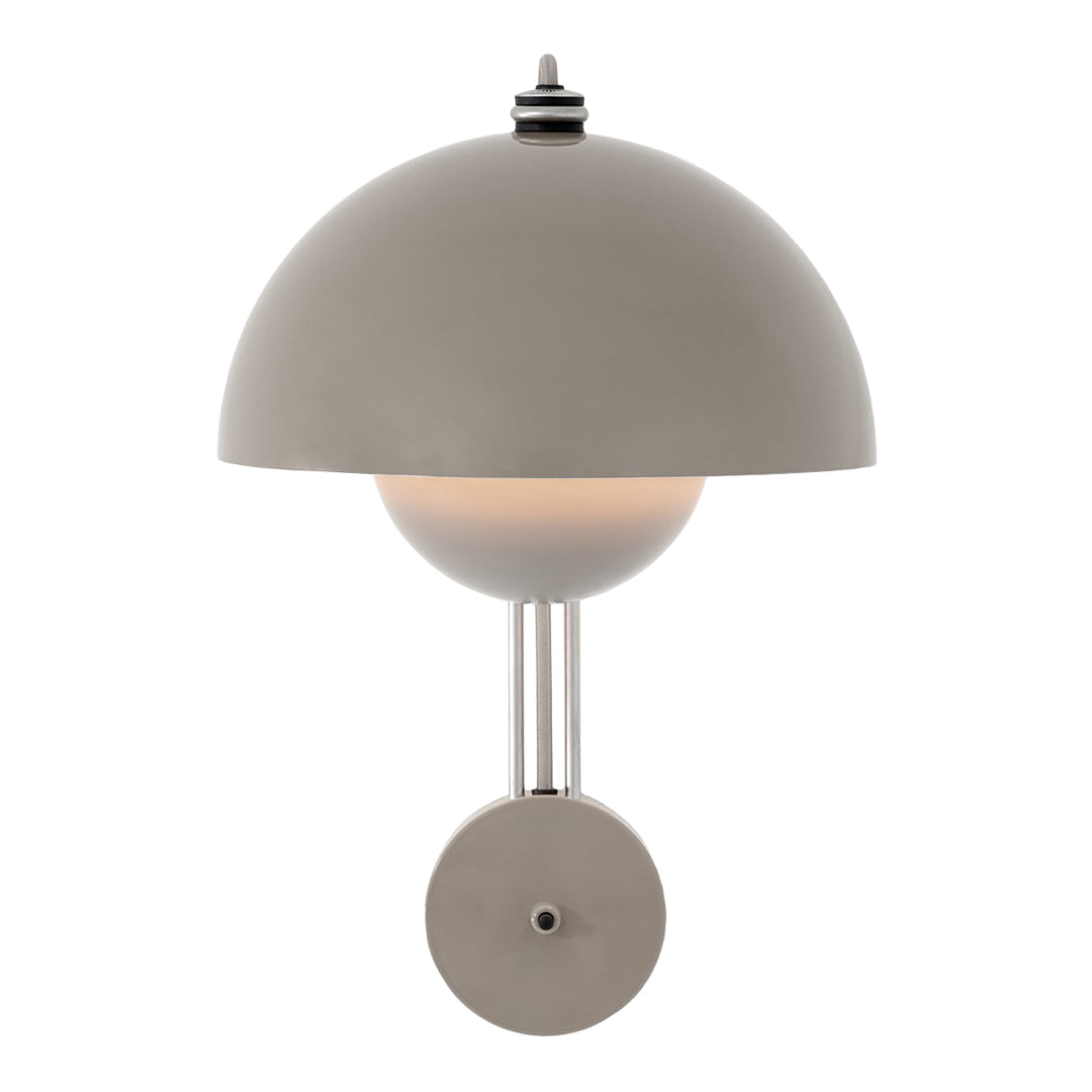 Gray dome-shaped wall lamp with a smooth finish and white globe accent. Modern minimalist design for elegant decor.