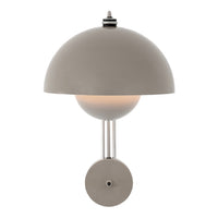 Gray dome-shaped wall lamp with a smooth finish and white globe accent. Modern minimalist design for elegant decor.
