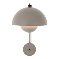 Gray dome-shaped wall lamp with a smooth finish and white globe accent. Modern minimalist design for elegant decor.