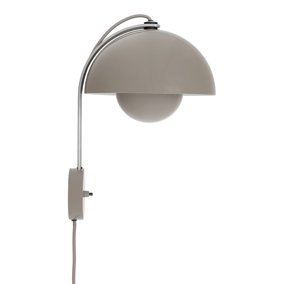 Gray modern wall lamp with a smooth dome shade and chrome accents, featuring a minimalist design.