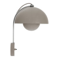 Modern wall lamp in soft gray with a round white globe and sleek chrome accents, featuring a minimalist design.