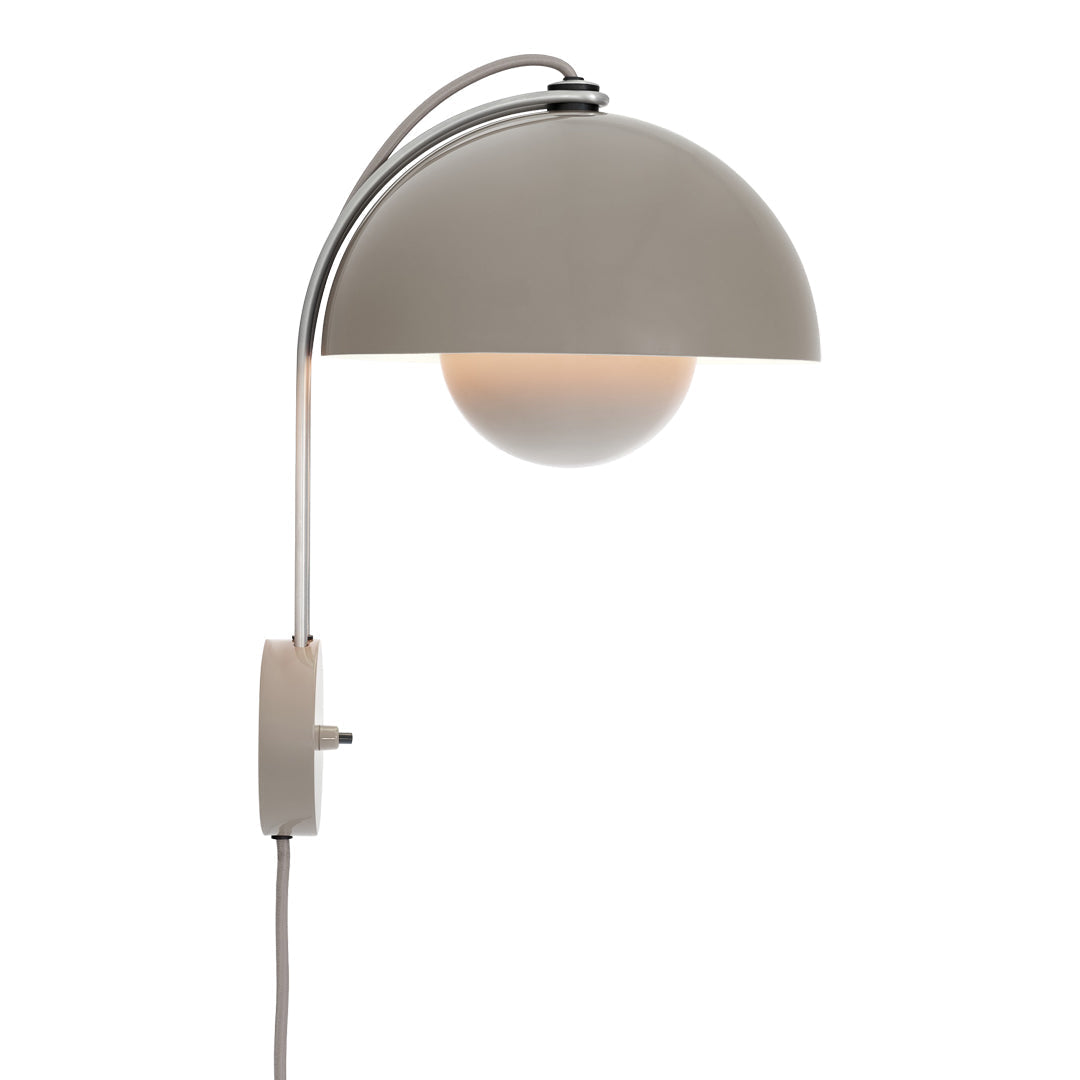Gray dome wall lamp with a chrome arm and a frosted globe, featuring sleek, modern lines and minimalist design.