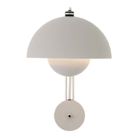 White dome-shaped lamp with a spherical center, sleek chrome accents, and minimalist design.