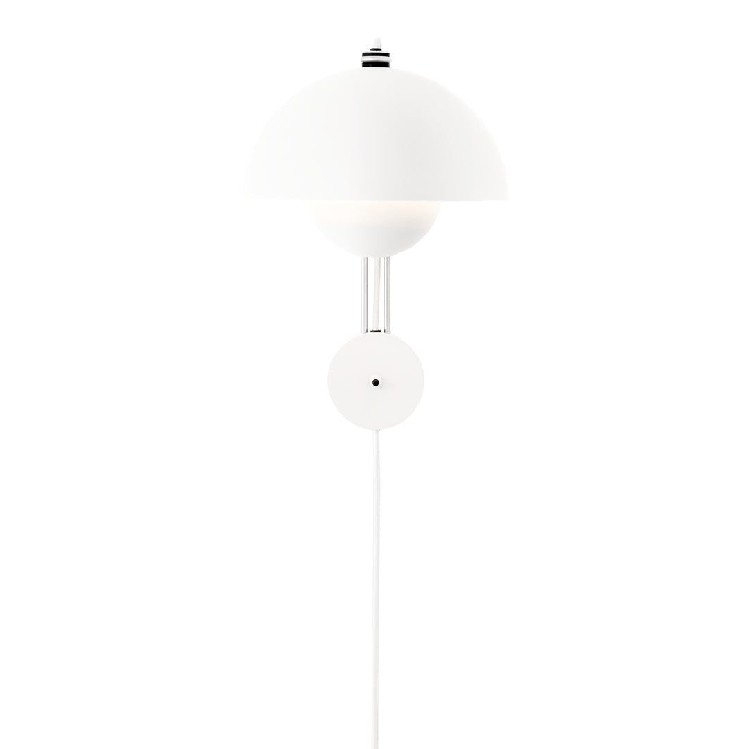 White dome-shaped wall lamp with minimalist design and sleek black accents, adding elegance to any decor.