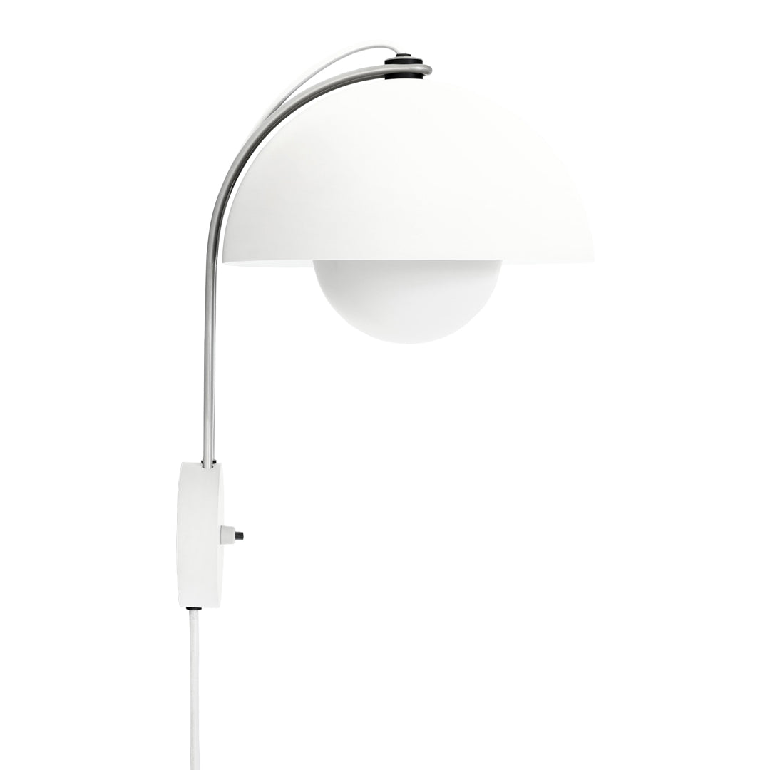 Modern white wall lamp with a sleek chrome arch and rounded shade, creating a minimalist design. Perfect for contemporary decor.