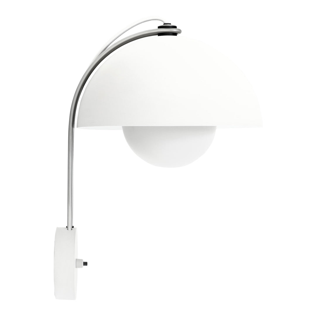 White arch lamp with a glossy finish and sleek chrome accents, featuring a minimalist design and a rounded globe shade.