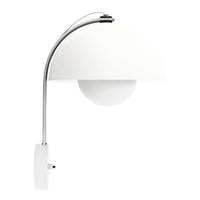 White arch lamp with a glossy finish and sleek chrome accents, featuring a minimalist design and a rounded globe shade.
