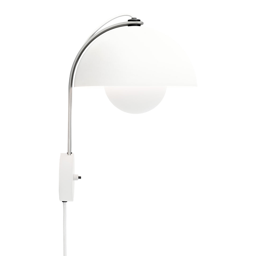 Sleek white lamp with a curved shade and chrome accents, featuring a minimalist design for modern decor.