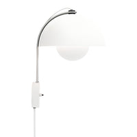 Sleek white lamp with a curved shade and chrome accents, featuring a minimalist design for modern decor.