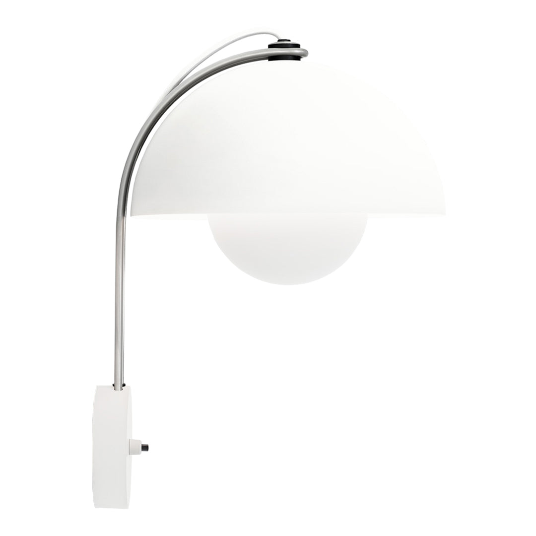 White arc lamp with a sleek chrome finish, featuring a smooth, round glass shade. Elegant and modern design.