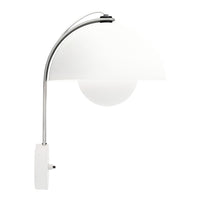 White arc lamp with a sleek chrome finish, featuring a smooth, round glass shade. Elegant and modern design.