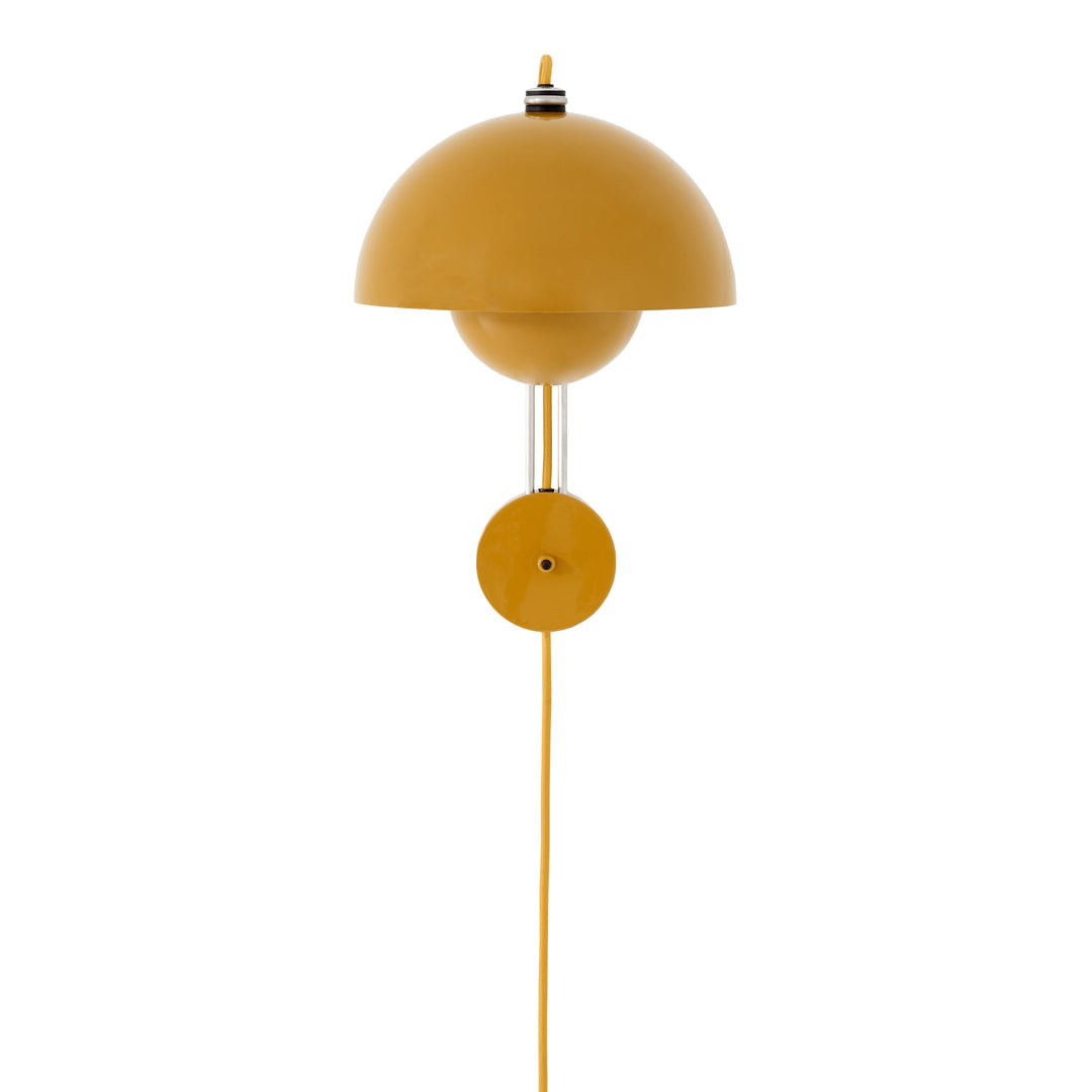 Modern yellow wall lamp with a sleek, round shade and minimalist design, perfect for brightening up any space.