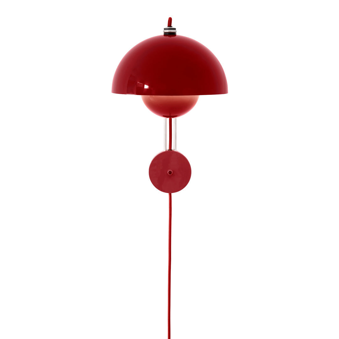 Red pendant lamp with a sleek dome shade and a minimalist design, featuring a glossy finish and clean lines.