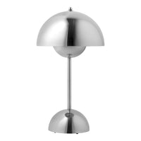 Sleek silver metal ball-shaped table lamp with a smooth dome shade and round base. Modern design for any decor.