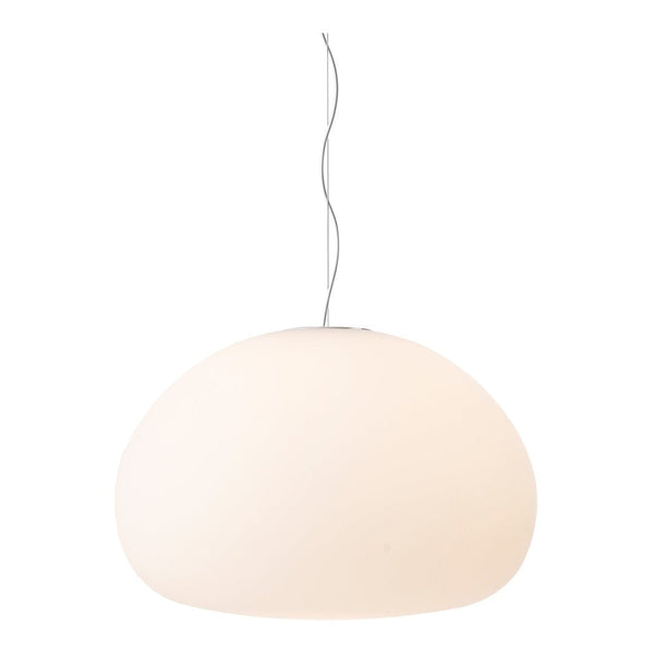 Sleek white pendant lamp with a smooth, round shape, suspended by a thin silver wire, perfect for modern decor.