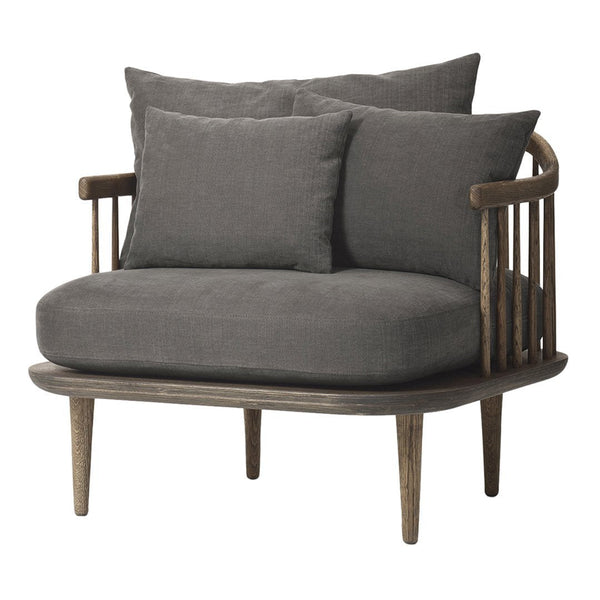Gray cushioned loveseat with wooden legs and back, featuring soft throw pillows in matching gray fabric.