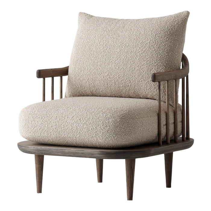 Beige textured upholstery on a modern wooden-frame chair with tapered legs. Simple and stylish design for any decor.