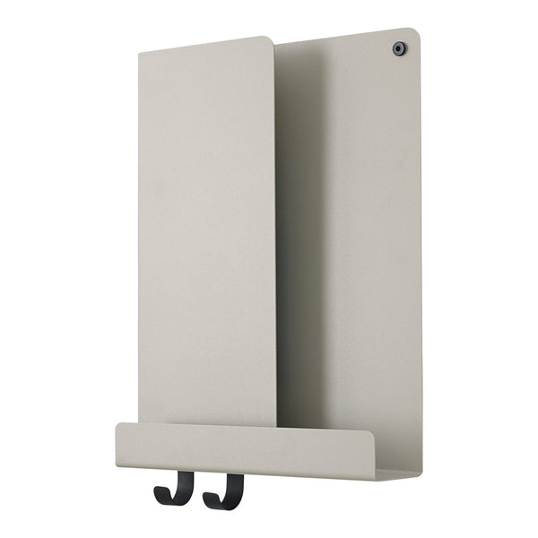 Gray wall-mounted organizer with smooth finish and black hooks, featuring a minimalist design. Ideal for modern decor.