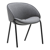 Gray upholstered chair with a sleek black metal frame and smooth, rounded edges. Ideal for modern decor.