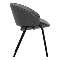 Gray upholstered chair with a sleek design and black legs, featuring a minimalist and modern aesthetic.