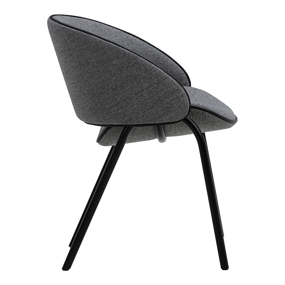 Gray upholstered chair with a sleek design and black legs, featuring a minimalist and modern aesthetic.