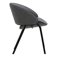 Gray upholstered chair with a sleek design and black legs, featuring a minimalist and modern aesthetic.