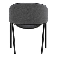 Gray upholstered chair with a smooth rounded back and black metal legs, perfect for modern interiors.