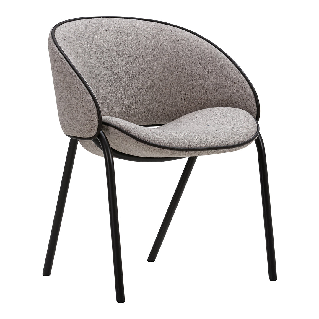 Gray upholstered chair with a sleek, modern design and black metal legs, featuring a smooth and minimalist pattern.