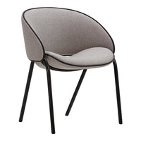 Gray upholstered chair with a sleek, modern design and black metal legs, featuring a smooth and minimalist pattern.