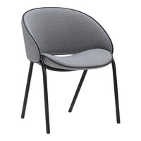 Grey upholstered chair with smooth curves and sleek black metal legs, perfect for modern decor.