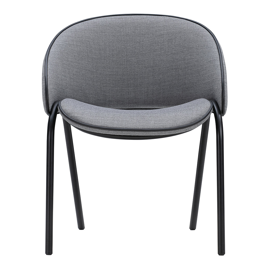 Stylish gray upholstered chair with a smooth fabric pattern and sleek black metal legs. Ideal for modern interiors.
