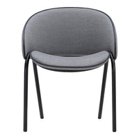 Stylish gray upholstered chair with a smooth fabric pattern and sleek black metal legs. Ideal for modern interiors.