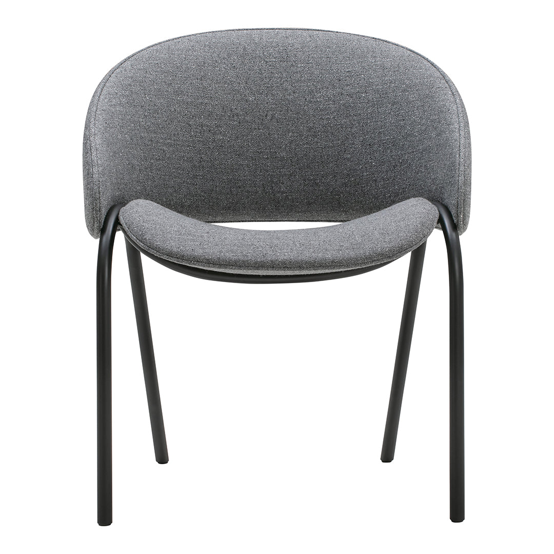 Gray upholstered chair with a smooth, minimalist design and black metal legs. Perfect for modern decor.