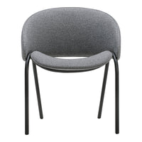 Gray upholstered chair with a smooth, minimalist design and black metal legs. Perfect for modern decor.