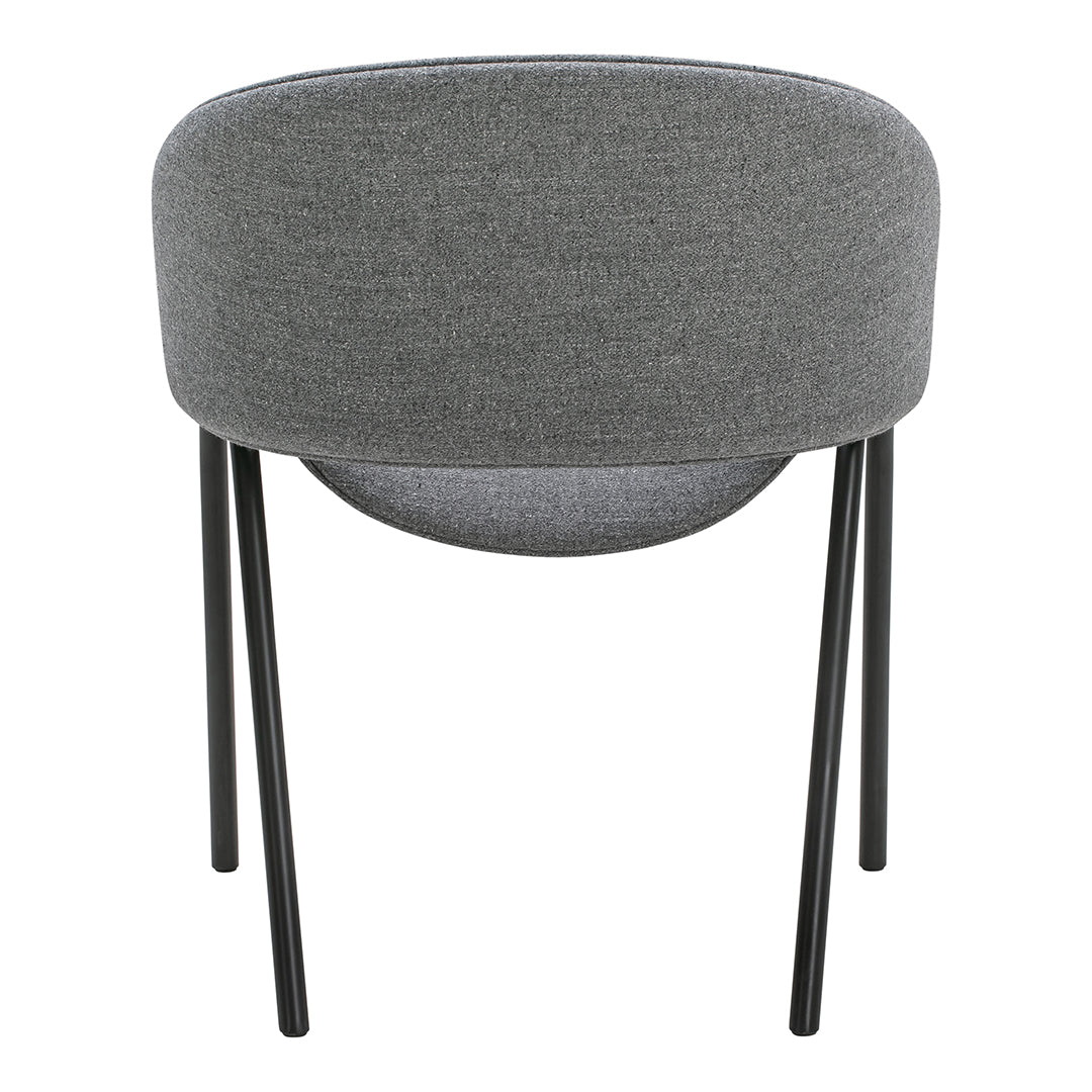 Gray upholstered chair with a rounded backrest and sleek black metal legs. Simple and modern design.