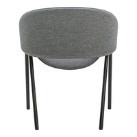 Gray upholstered chair with a rounded backrest and sleek black metal legs. Simple and modern design.