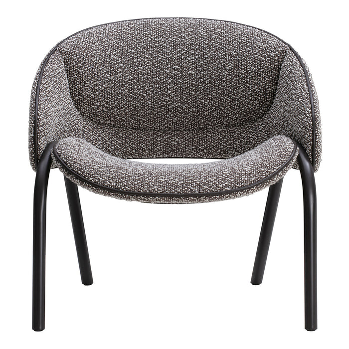 Textured gray fabric chair with a modern black metal frame, featuring a cozy round shape and subtle patterns.
