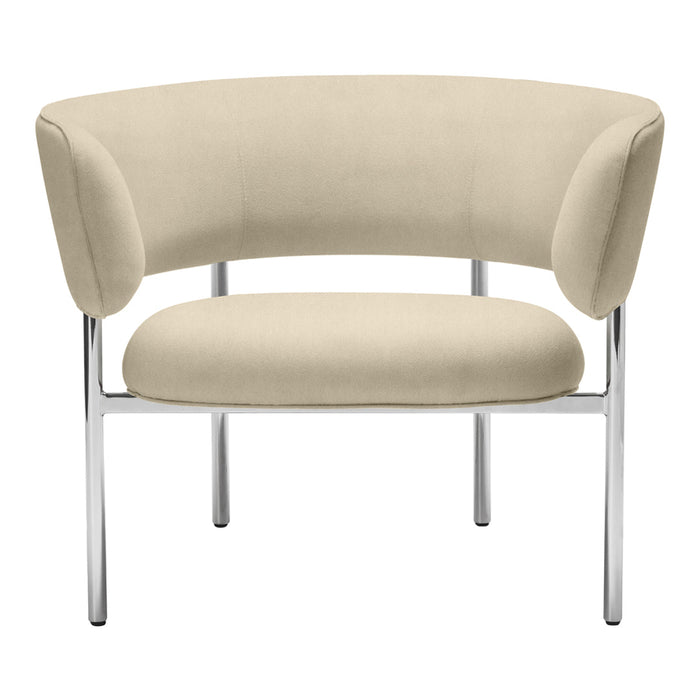 Beige upholstered chair with a curved design and chrome legs, featuring a smooth, minimalist finish.