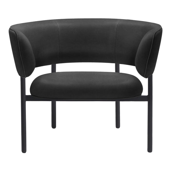 Black curved accent chair with a sleek, minimalist design and matte finish. Perfect for modern decor.