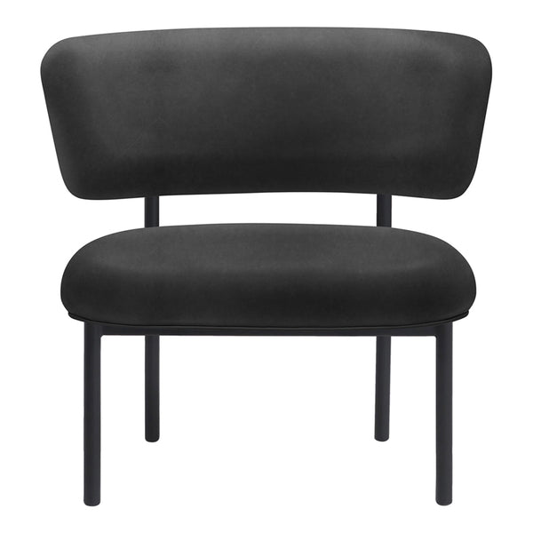 Black upholstered chair with a smooth, minimalist design and sleek black metal legs. Perfect for modern decor.