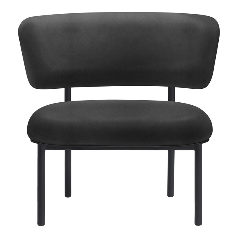 Black upholstered chair with a smooth, minimalist design and sleek black metal legs. Perfect for modern decor.